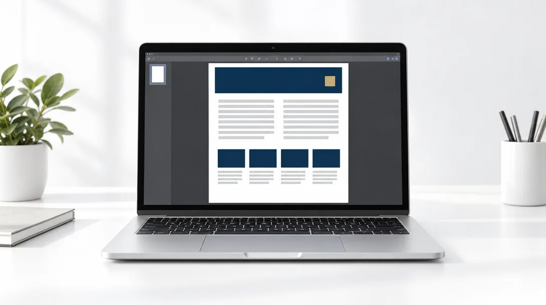 A one-page capability statement with a navy header, services, codes and contact blocks (sample layout, no real text)